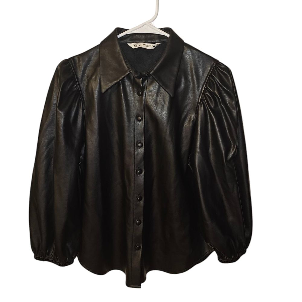 Zara Faux Leather Button Down Blouse/Shirt-Womens-Small-Black‎